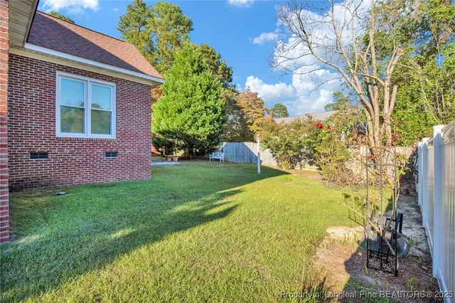 a view of a backyard with plants and large tree