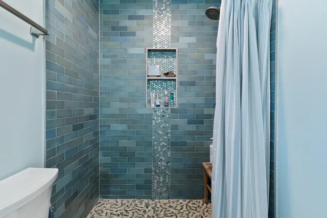 a bathroom with a shower and a toilet