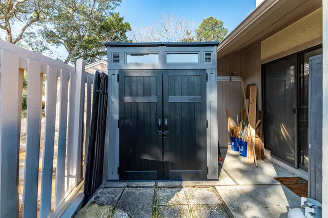 an outdoor space with seating