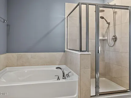a bathroom with a bathtub and shower