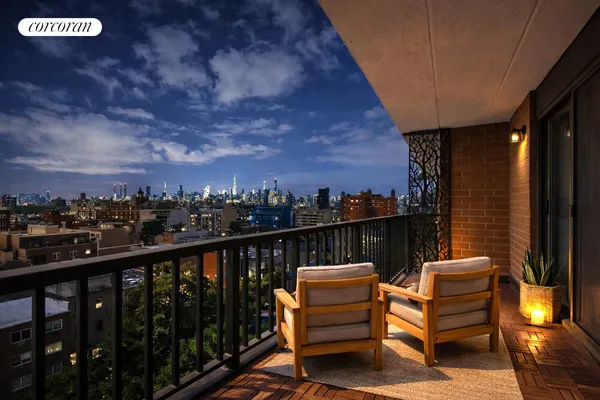 a view of a balcony with chairs