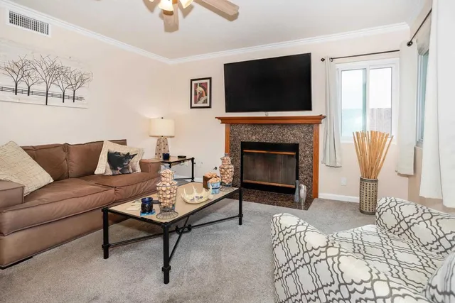 a living room with furniture a fireplace and a flat screen tv