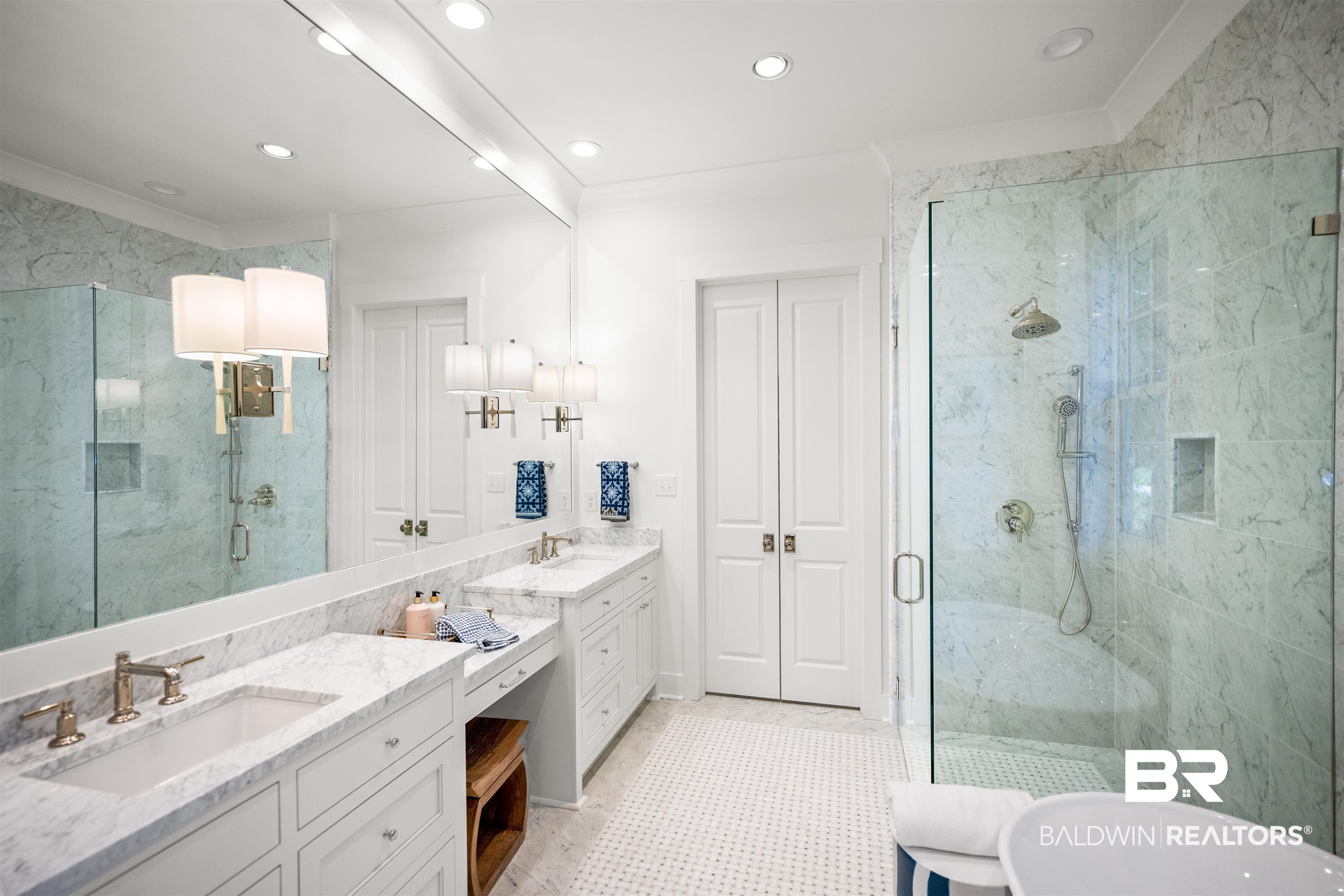 156 Hyacinth Street Fairhope, AL 36532 - Photo 35 of 61 Full bath with a marble finish shower, ornamental molding, two vanities, double vanity, and light tile patterned flooring