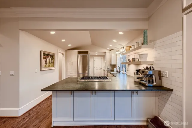 a kitchen with lots of counter top space