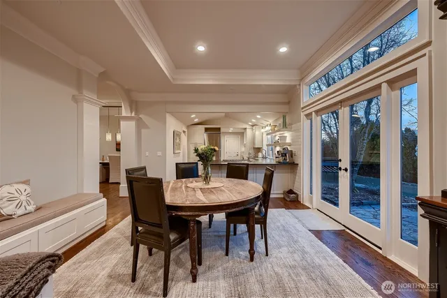 a view of a dining room with furniture
