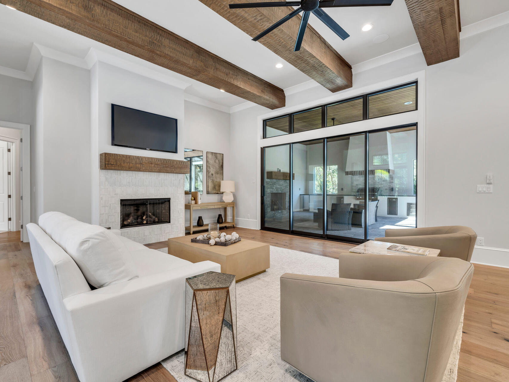 3526 Burnt Pine Lane Miramar Beach, FL 32550 - Photo 6 of 49 a living room with furniture a fireplace and a floor to ceiling window