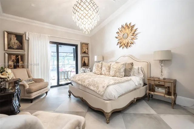 a spacious bedroom with a bed and a chandelier