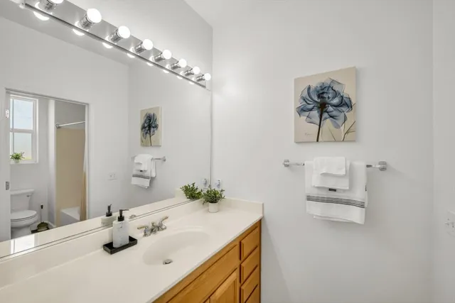 a bathroom with a sink vanity and a mirror