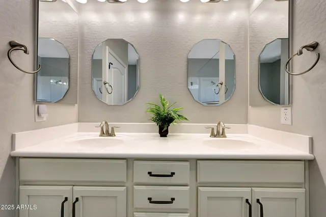 a bathroom with a double vanity sink and a mirror
