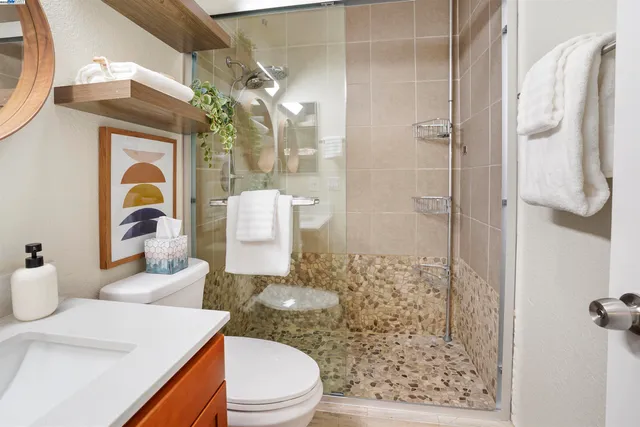 a bathroom with a sink a toilet a mirror and shower