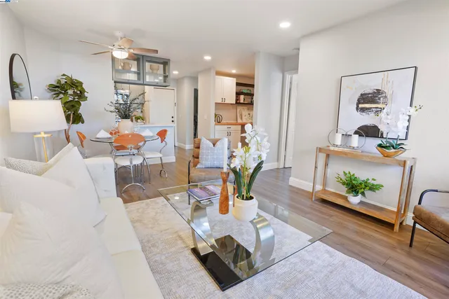a living room with furniture and a potted plant