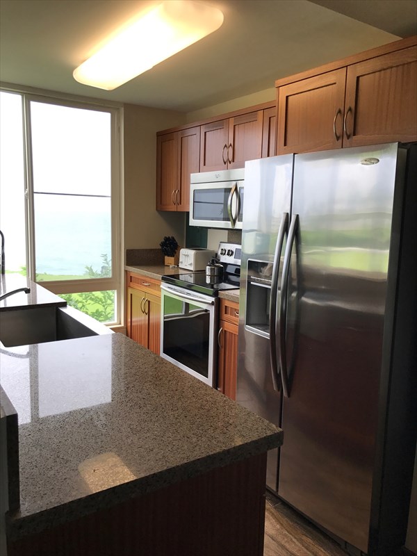 3811 Edward Road, Unit 8204 Princeville, HI 96722 - Photo 5 of 16 a kitchen with stainless steel appliances granite countertop a refrigerator a stove a sink and a window