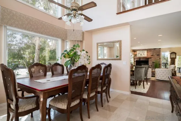 a view of a dining room with furniture window and outside view