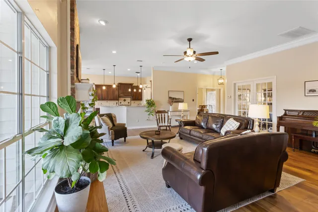 a living room with furniture flowerpot and a chandelier