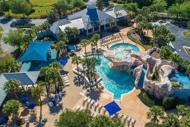 a view of a park with a slide