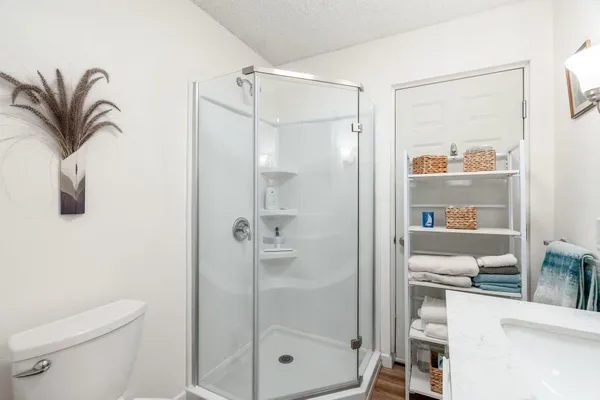 a bathroom with a shower a toilet and a sink