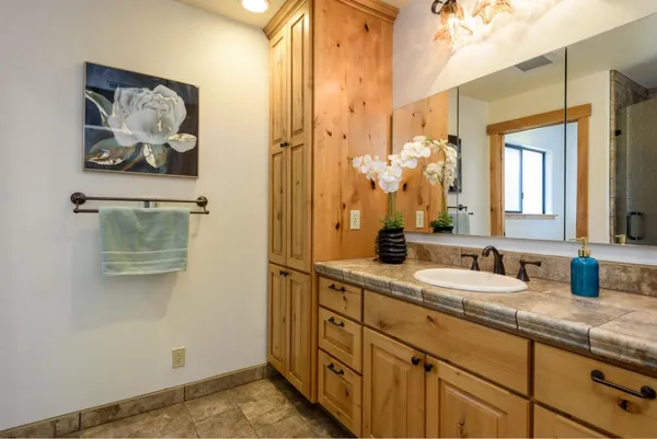 a bathroom with a granite countertop sink a mirror and a shower