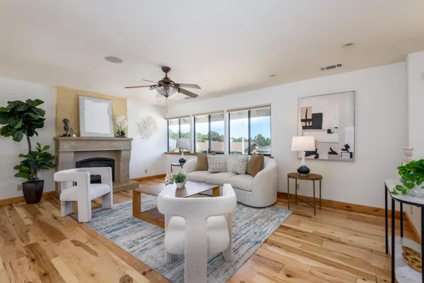 a living room with furniture a fireplace and a potted plant