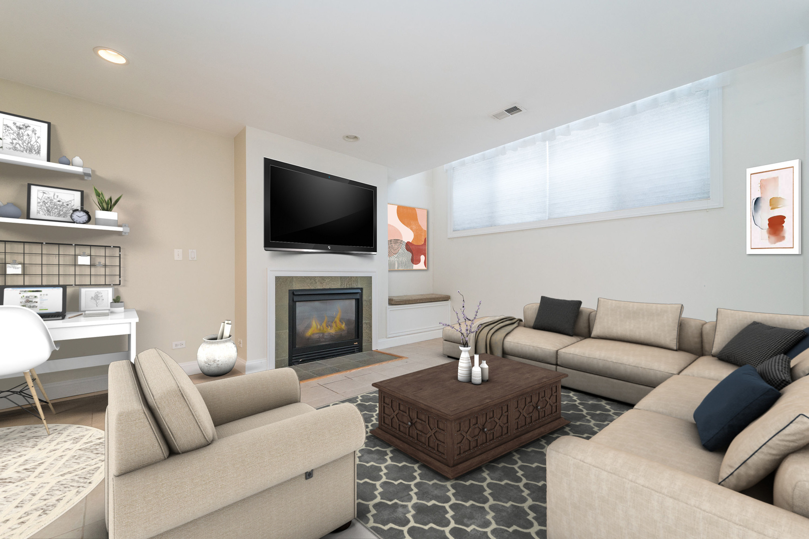 7509 West Irving Park Road, Unit 1 Chicago, IL 60634 - Photo 15 of 28 a living room with furniture a fireplace and a flat screen tv