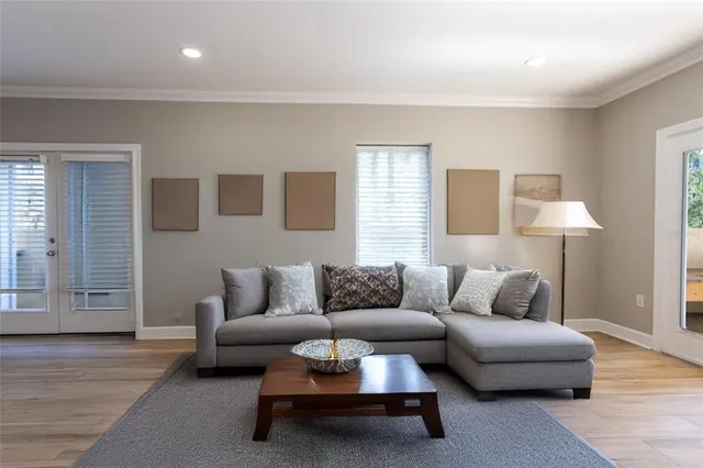 a living room with furniture and potted plant