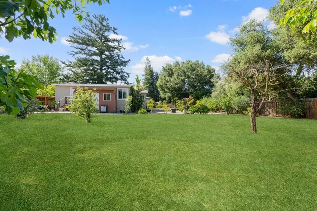 a front view of house with a garden and trees