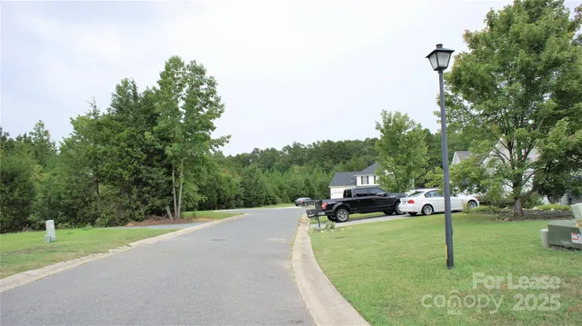 a view of a park with large trees
