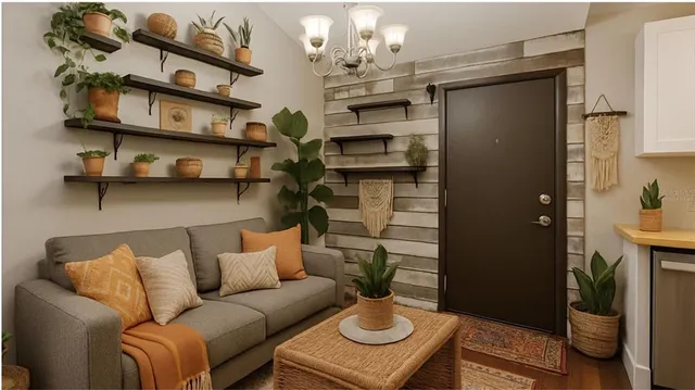 a living room with furniture and a kitchen view