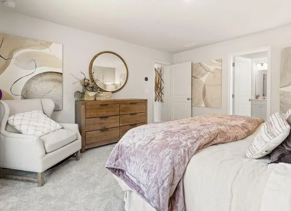 a bedroom with a bed a mirror and dresser