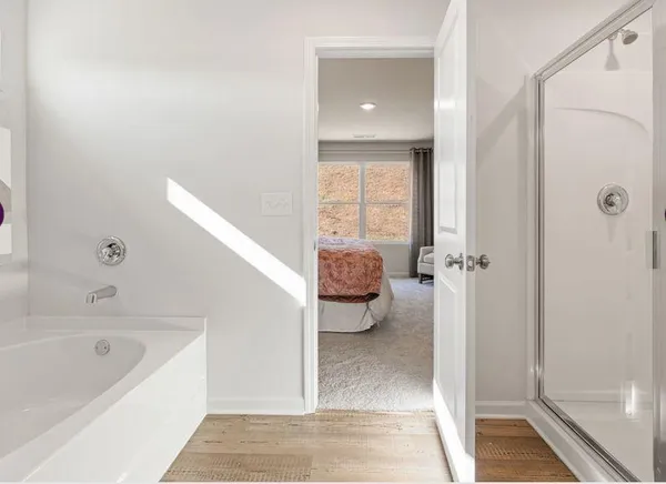 a bathroom with a bathtub and a shower