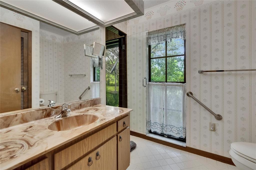 3102 East Trapnell Road Plant City, FL 33566 - Photo 95 of 100 a bathroom with a granite countertop sink a mirror and a shower