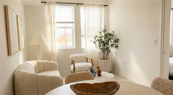 a living room with furniture and a potted plant