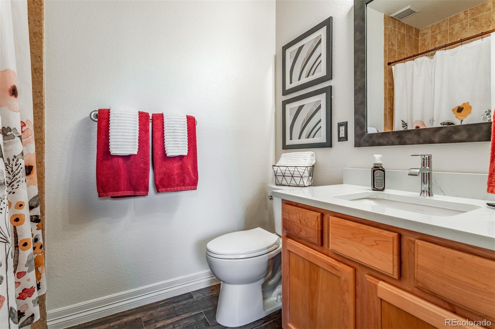 10162 RidgeGate Circle Lone Tree, CO 80124 - Photo 11 of 24 a bathroom with a toilet sink vanity and mirror