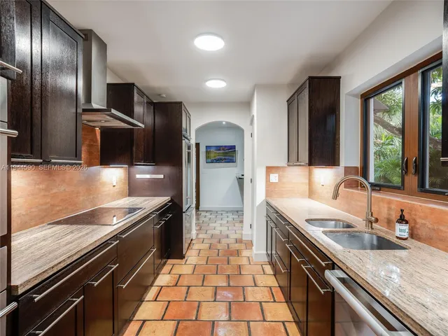 a modern kitchen with stainless steel appliances granite countertop a sink stove and refrigerator