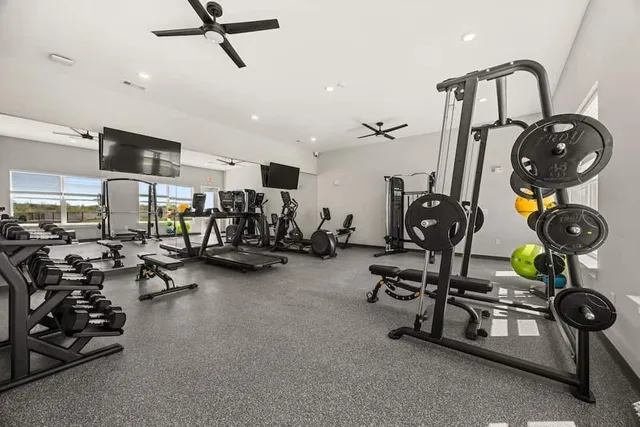 a view of a room with gym equipment