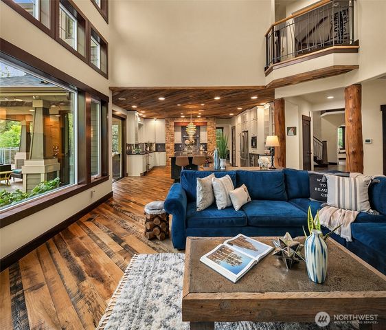 a living room with furniture and a table