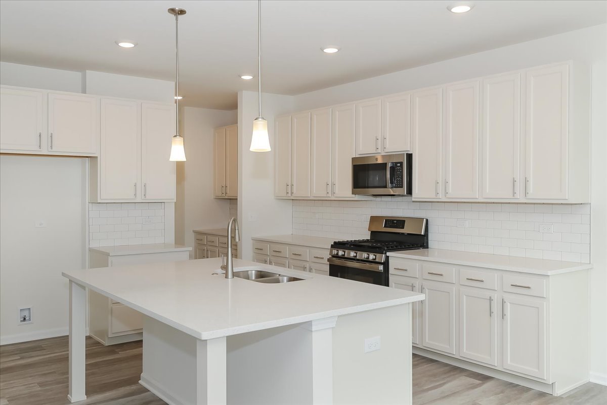 860 Preston Lane Oswego, IL 60543 - Photo 11 of 34 a kitchen with stainless steel appliances a stove a sink a microwave a refrigerator white cabinets and wooden floor