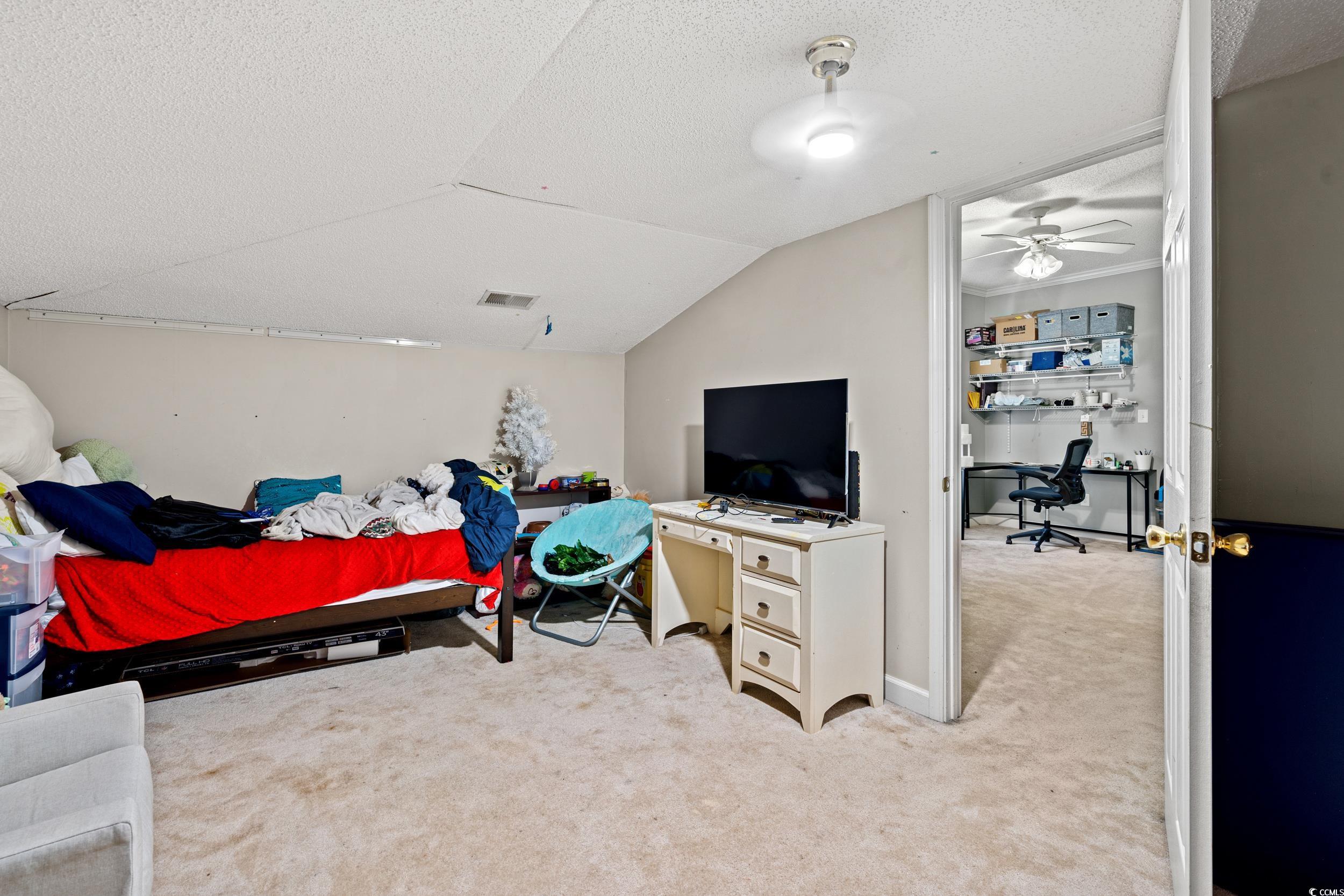 509 Shellbank Drive, Unit B Longs, SC 29568 - Photo 21 of 33 Bedroom featuring light colored carpet, vaulted ceiling, a desk, and a textured ceiling