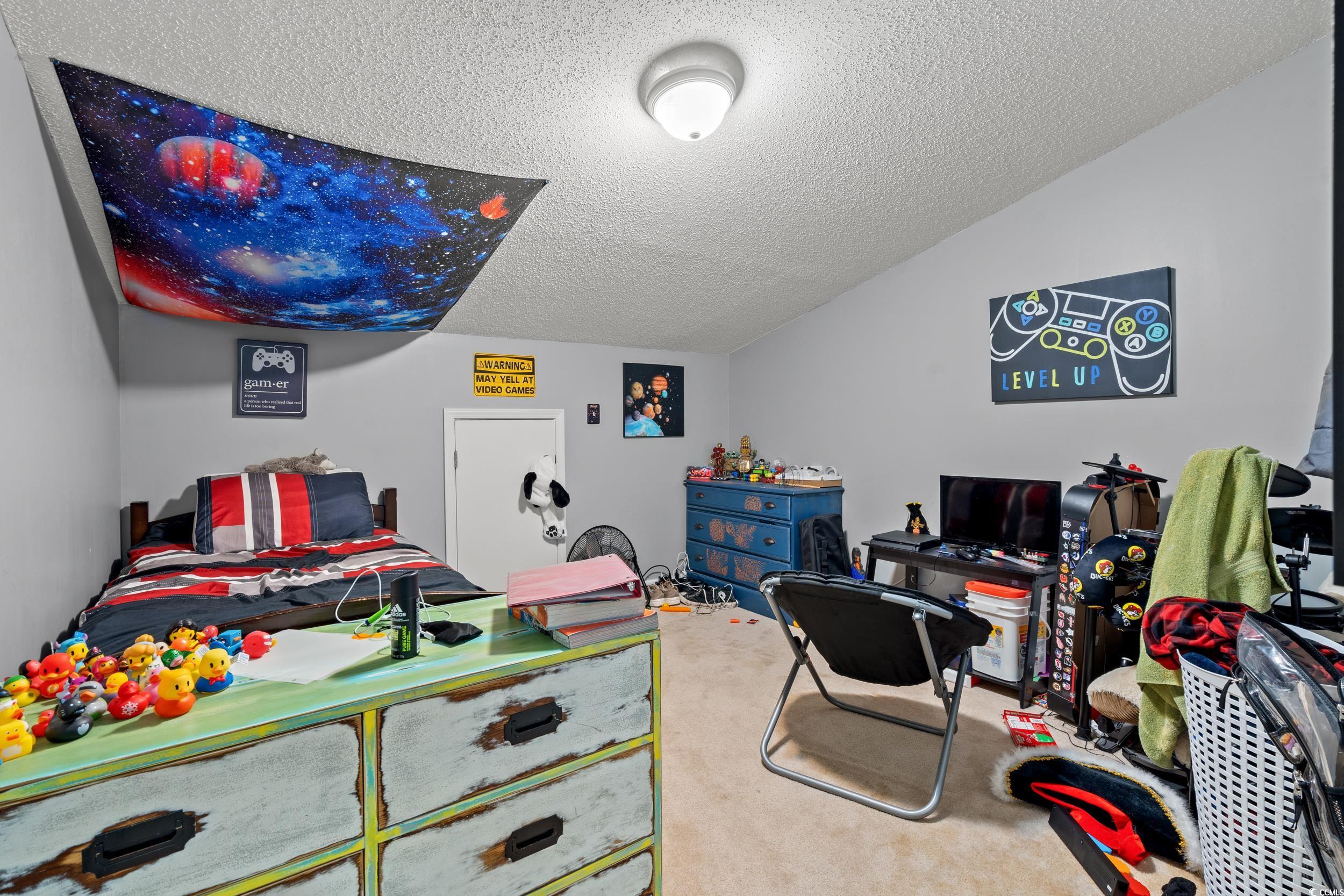 509 Shellbank Drive, Unit B Longs, SC 29568 - Photo 22 of 33 Bedroom with a textured ceiling, carpet, and lofted ceiling