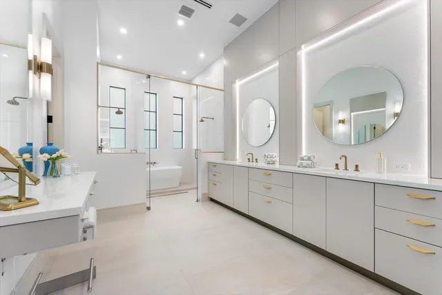 an aerial view of city and lake