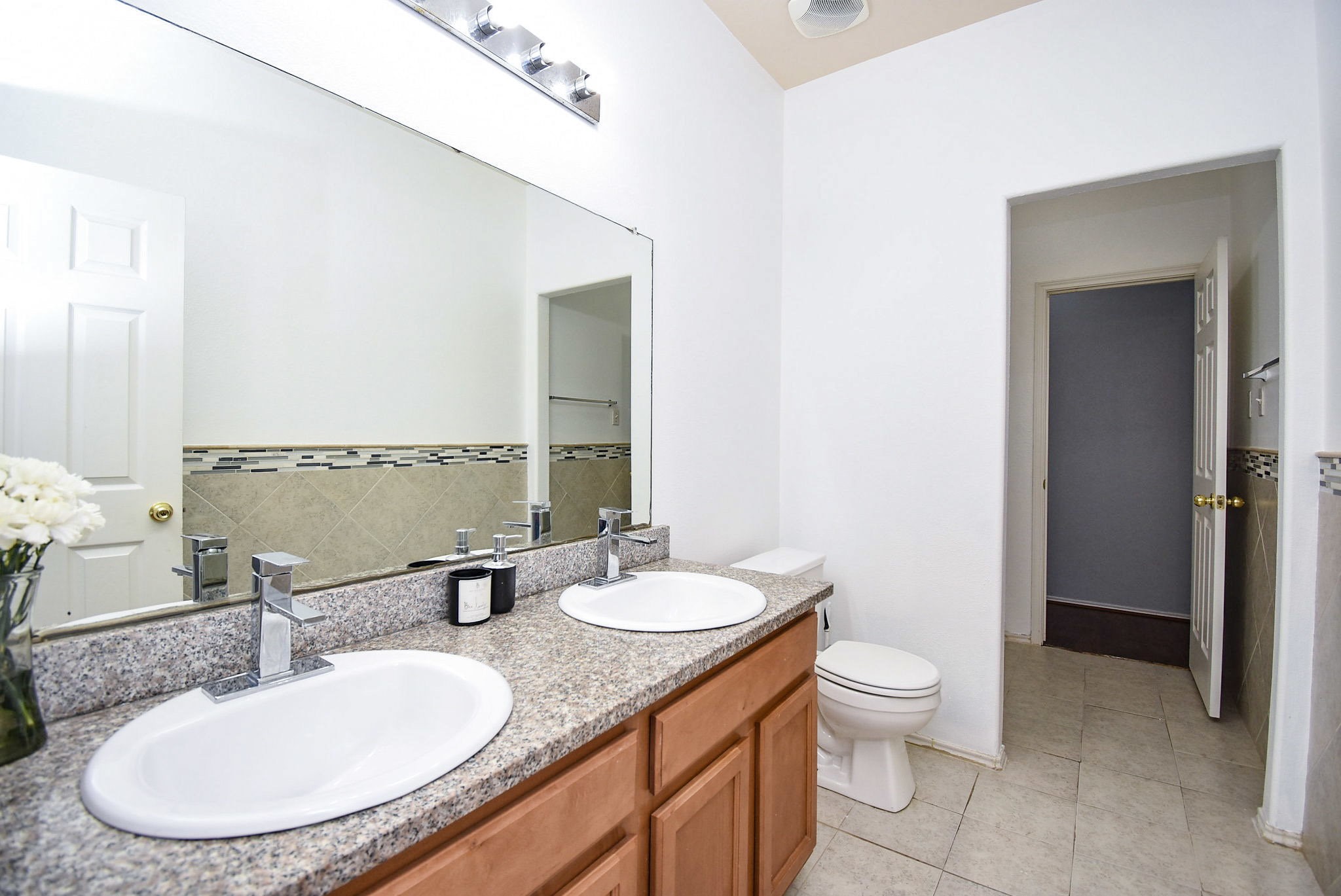 8502 Parapet Place Rosharon, TX 77583 - Photo 25 of 34 a bathroom with a granite countertop sink a toilet and a mirror