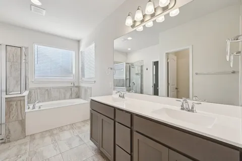 a bathroom with a sink double vanity granite tub and a mirror