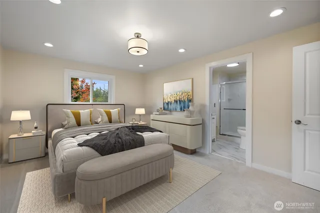 a living room with furniture and a view of kitchen