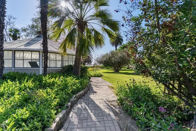 a view of a house with a yard and potted plants
