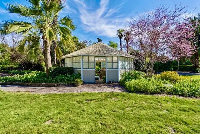an outdoor space with seating