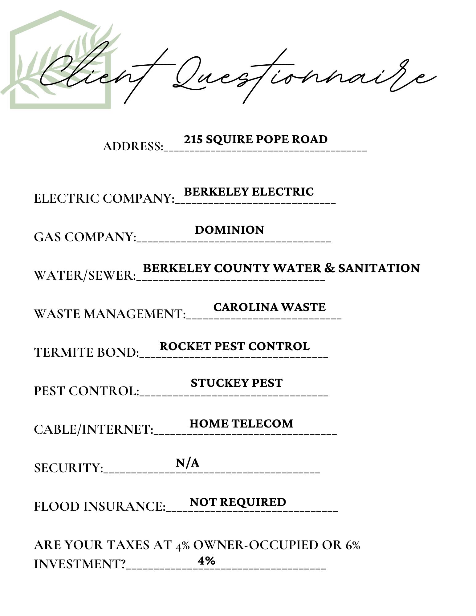 215 Squire Pope Road Summerville, SC 29486 - Photo 47 of 69 Client Questionnaire