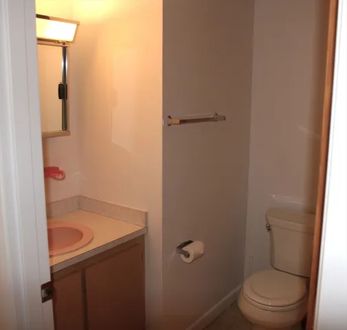 a bathroom with a shower curtain and a sink