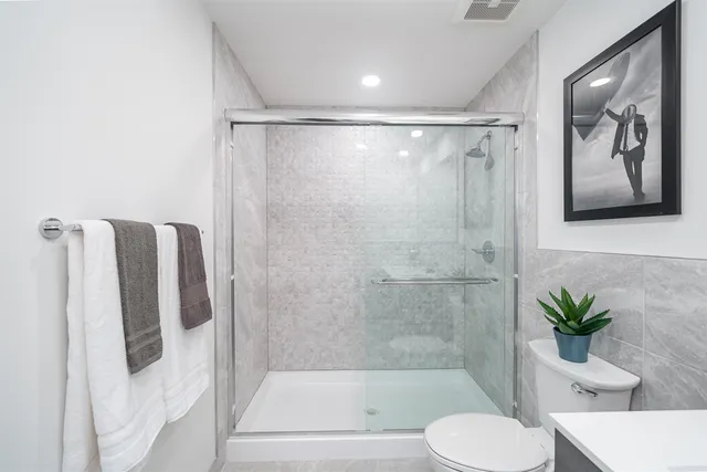 a bathroom with a shower and a toilet