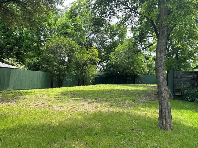 a view of a grassy field with trees in the background