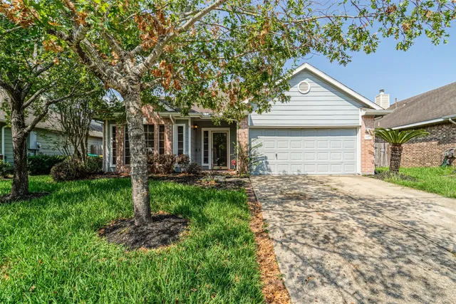 a view of a yard in front of a house with plants and large tree