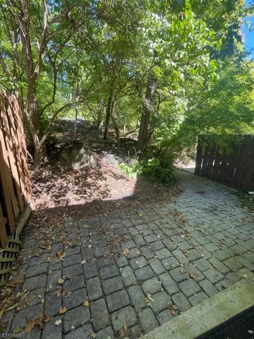 a view of a yard with plants and trees